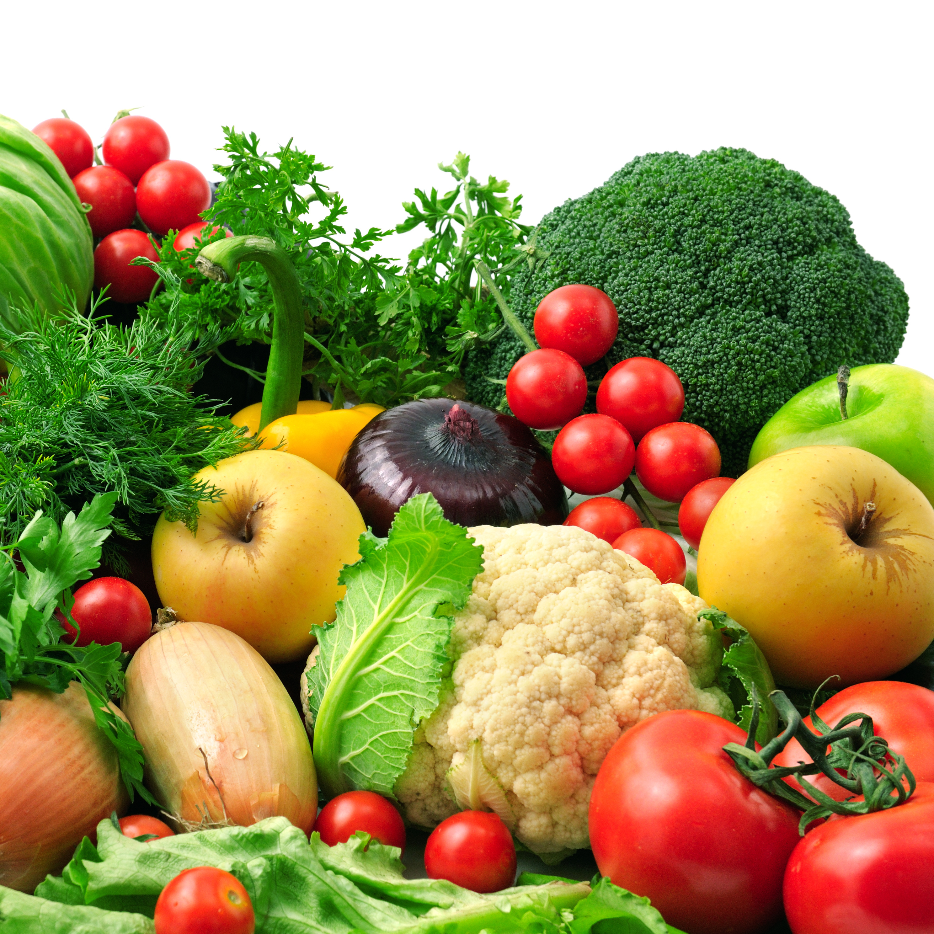 fresh fruits and vegetables isolated on white background