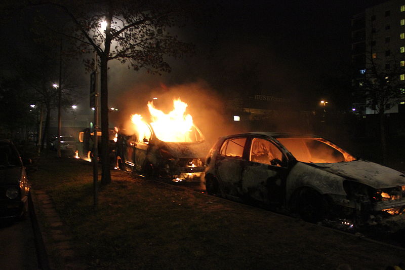 second_day_of_husby_riots_three_burning_cars